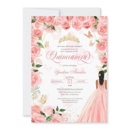 Quinceanera Pink Blush Roses Elegant Butterfly Inv