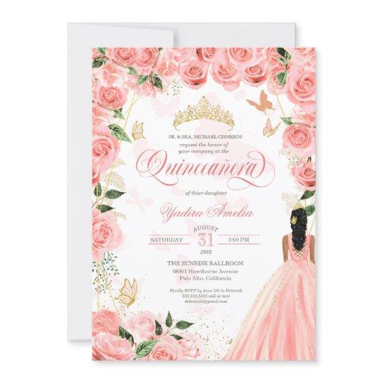 Quinceanera Pink Blush Roses Elegant Butterfly Inv