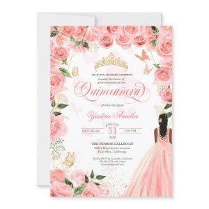 Quinceanera Pink Blush Roses Elegant Butterfly Inv
