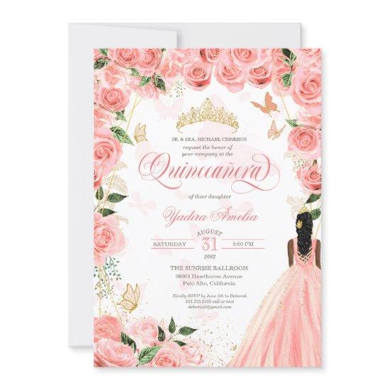 Quinceanera Pink Blush Roses Elegant Butterfly Inv