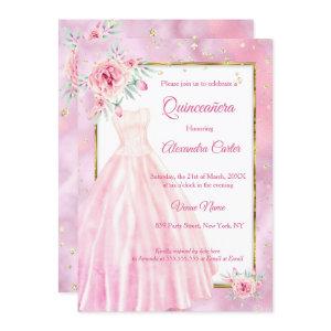 Quinceanera Pink Dress Floral gold Birthday Party