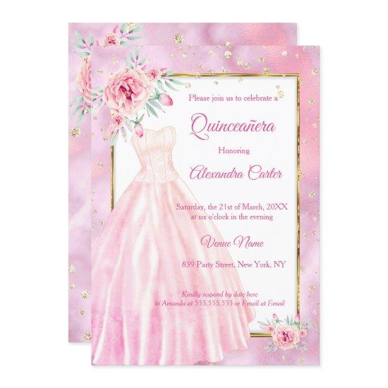 Quinceanera Pink Dress Floral gold Birthday Party