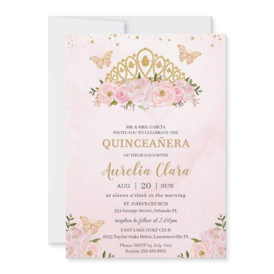Quinceañera Pink Floral Butterflies Princess Crown
