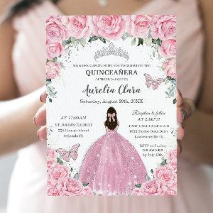 Quinceañera Pink Floral Butterflies Silver Tiara