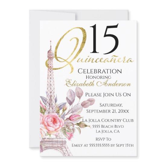 Quinceanera Pink Floral Eiffel Tower 15th Birthday