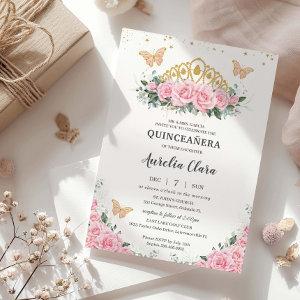 Quinceanera Pink Floral Gold Crown Butterflies