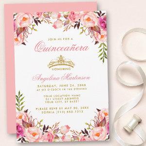 Quinceanera Pink Floral Gold Crown
