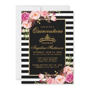 Quinceanera Pink Floral Gold Crown Stripes