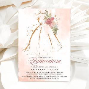Quinceañera Pink Floral Gold Dress 15th Birthday