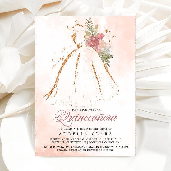 Quinceañera Pink Floral Gold Dress 15th Birthday