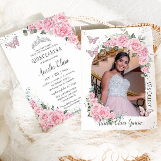 Quinceañera Pink Floral Princess Butterflies Photo