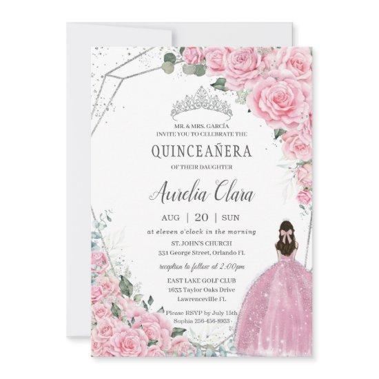 Quinceañera Pink Floral Princess Silver Birthday