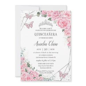 Quinceañera Pink Floral Princess Silver Butterfly