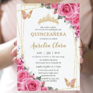 Quinceañera Pink Fuchsia Floral Gold Butterflies