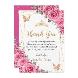 Quinceañera Pink Fuchsia Floral Gold Butterflies Thank You Card