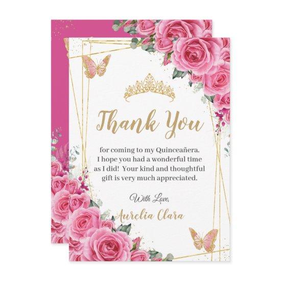 Quinceañera Pink Fuchsia Floral Gold Butterflies Thank You Card