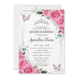 Quinceañera Pink Fuchsia Floral Silver Butterflies
