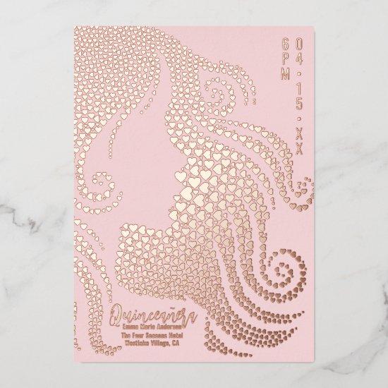 Quinceañera Pink Girl Silhouette Hearts Rose Gold Foil Holiday Card