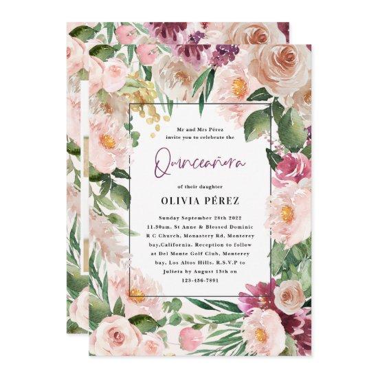 Quinceañera Pink girly floral 4 photo birthday Inv