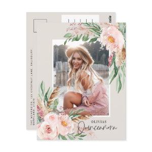 Quinceañera Pink girly floral photo birthday Invit Postcard