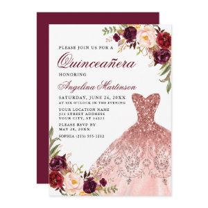 Quinceanera Pink Glitter Dress Burgundy Floral