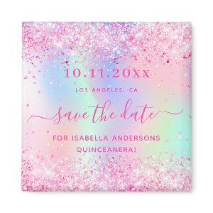 Quinceanera pink glitter save the date magnet