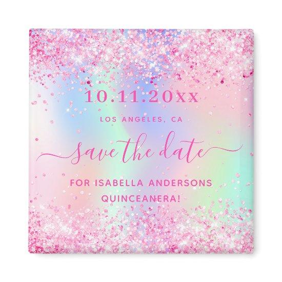 Quinceanera pink glitter save the date magnet