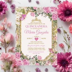 Quinceañera Pink & Gold Crown Mexican Butterfly