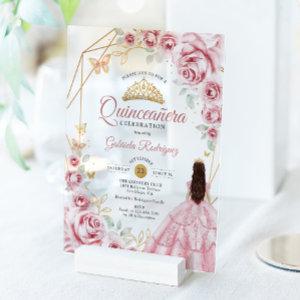 Quinceanera Pink Gold Dress Floral Acrylic