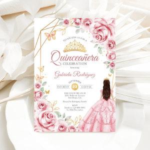 Quinceanera Pink Gold Dress Floral