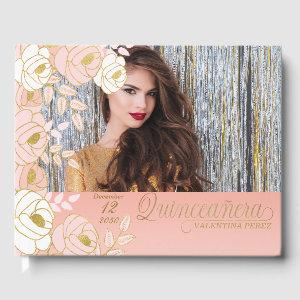 Quinceanera Pink Gold Floral Botanical Guest Book