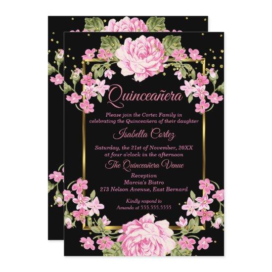 Quinceanera Pink Pretty Country Floral Gold Black