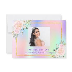 Quinceanera pink purple photo rainbow floral thank you card