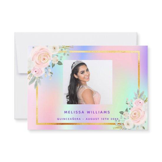 Quinceanera pink purple photo rainbow floral thank you card