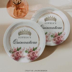 Quinceañera Pink Rose Crown Birthday Decor Paper Plates