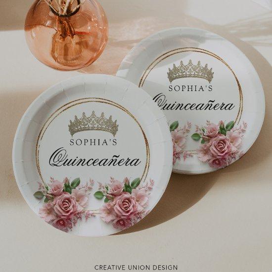 Quinceañera Pink Rose Crown Birthday Decor Paper Plates