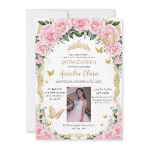 Quinceanera Pink Rose Floral Vintage Gold Photo