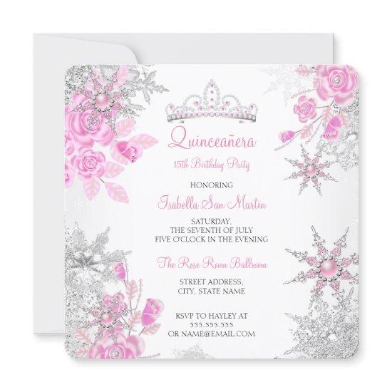 Quinceanera Pink Rose Winter Wonderland Snowflake