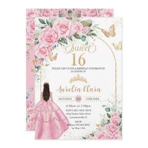 Quinceañera Pink Roses Floral Brunette Girl Gold