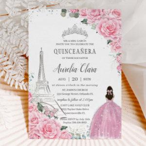 Quinceañera Pink Roses Floral Paris Eiffel Silver
