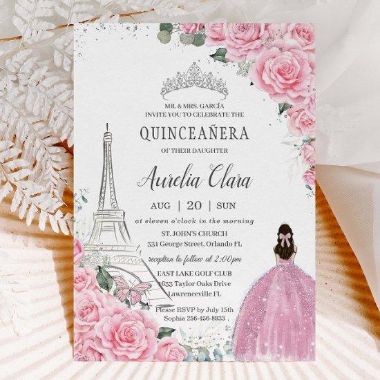 Quinceañera Pink Roses Floral Paris Eiffel Silver