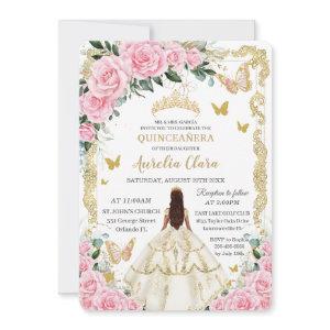 Quinceañera Pink Roses Floral White Dress Princess