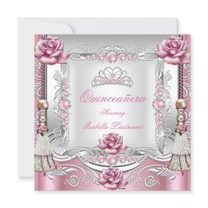 QUINCEANERA Pink Roses Tassels Silver Tiara