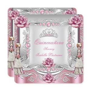 QUINCEANERA Pink Roses Tassels Silver Tiara