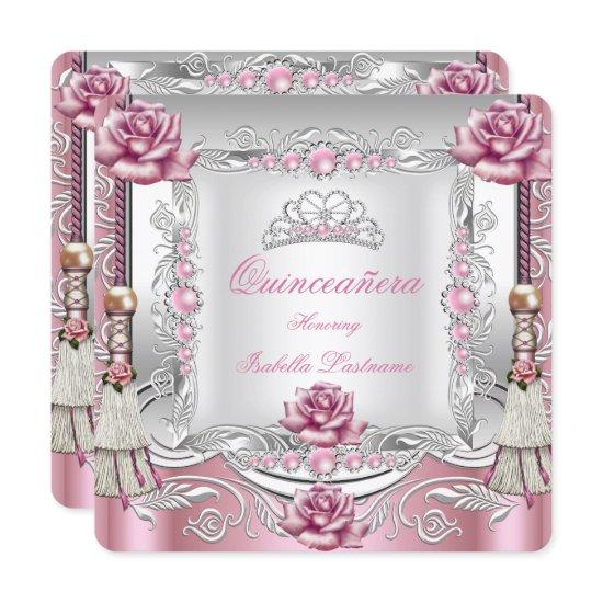 QUINCEANERA Pink Roses Tassels Silver Tiara
