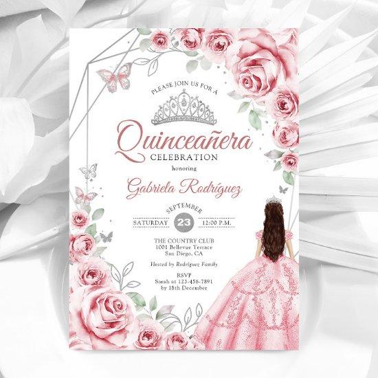 Quinceanera Pink Silver Dress Floral