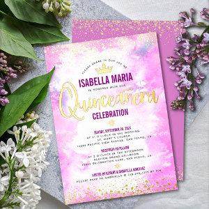 Quinceañera Pink Watercolor Crown Girly Real Gold Foil