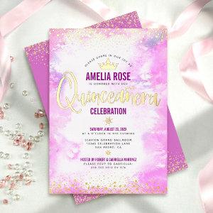 Quinceañera Pink Watercolor Girly Crown Real Gold Foil