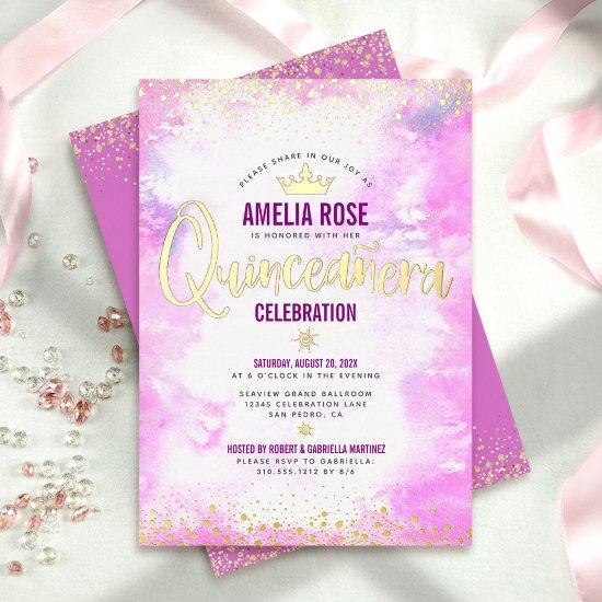 Quinceañera Pink Watercolor Girly Crown Real Gold Foil