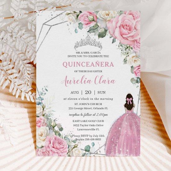 Quinceañera Pink White Floral Silver 16th Birthday
